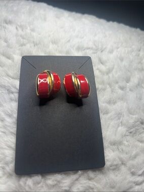 Vintage Red Enamel Hoop-Style Stud Earrings with Gold Trim